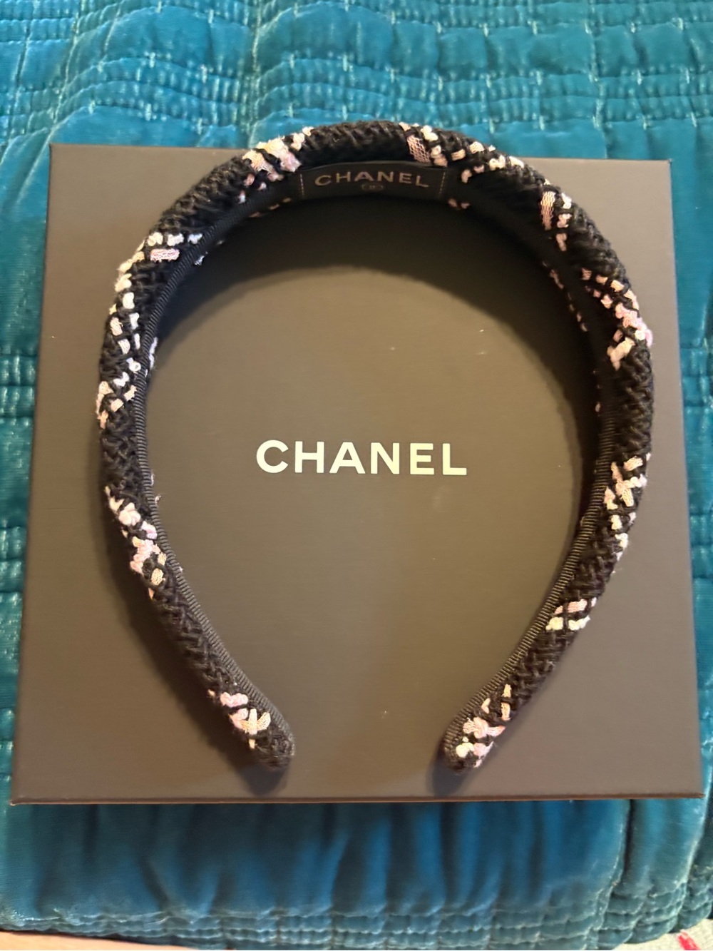 CHANEL Black and Light Pink Tweed Headband